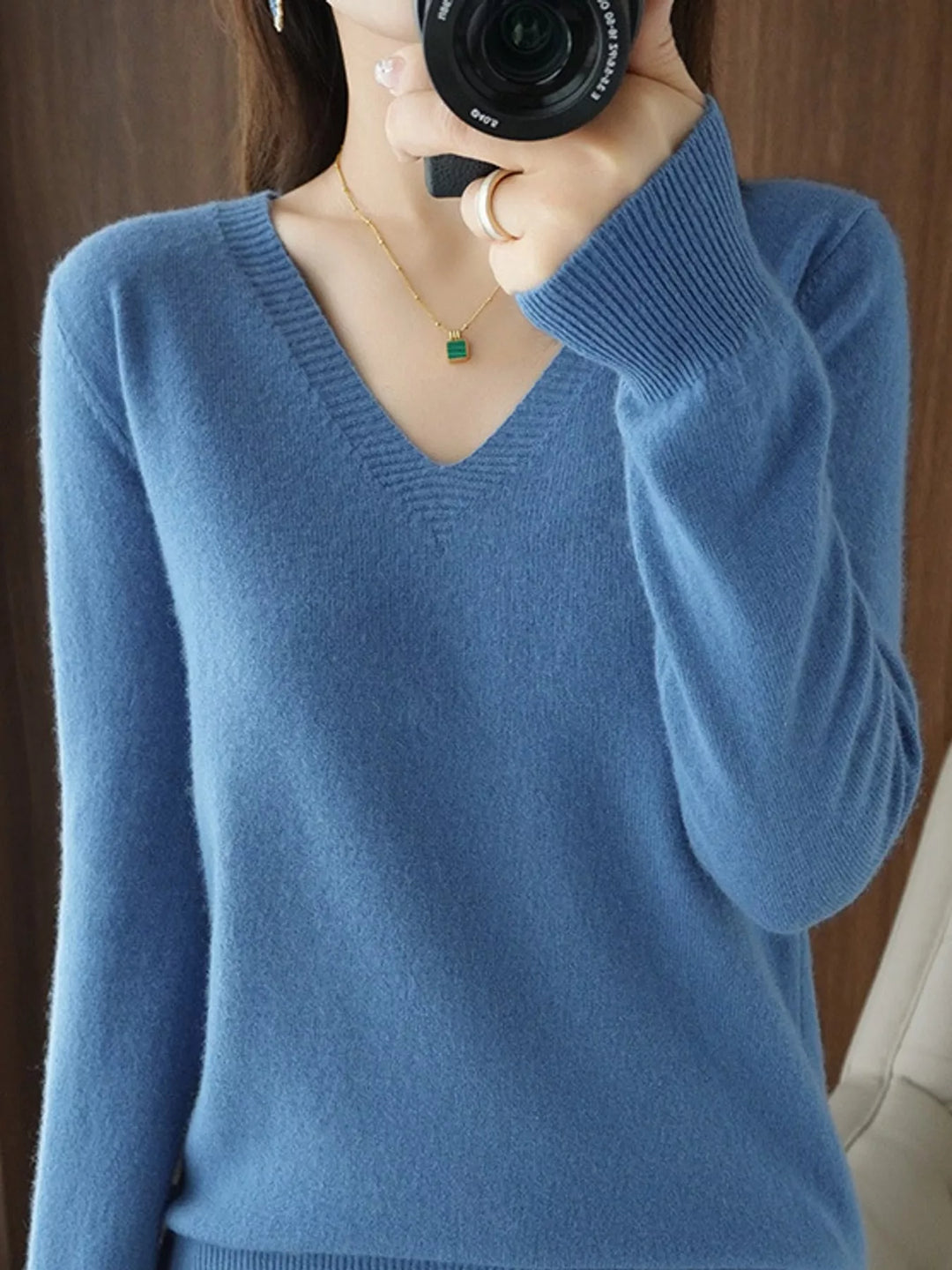 V neck sweater in misty blue, on-model front view with long sleeves