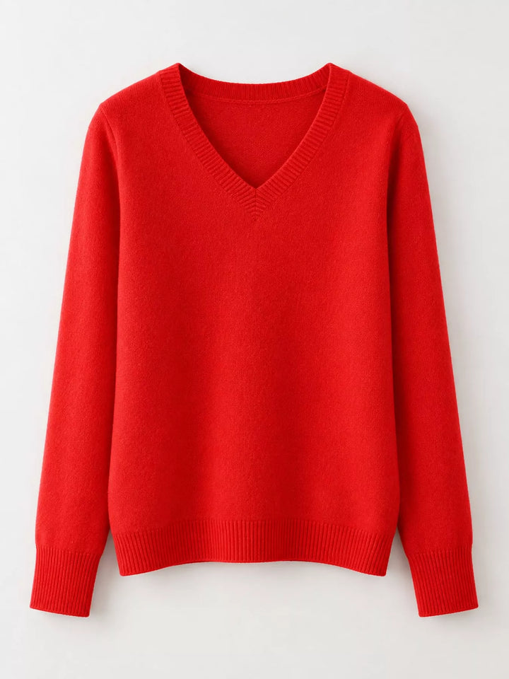 Flat front view of the red fine knit long sleeve V neck sweater