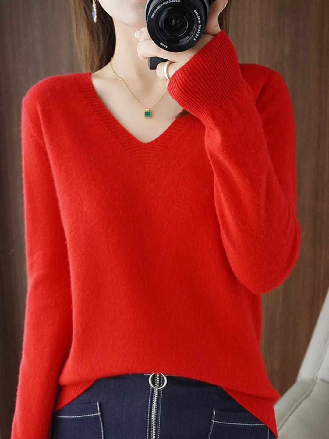 V neck sweater in red, on-model front view with long sleeves