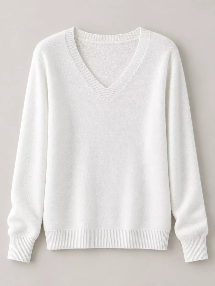 Flat front view of the white fine knit long sleeve V neck sweater