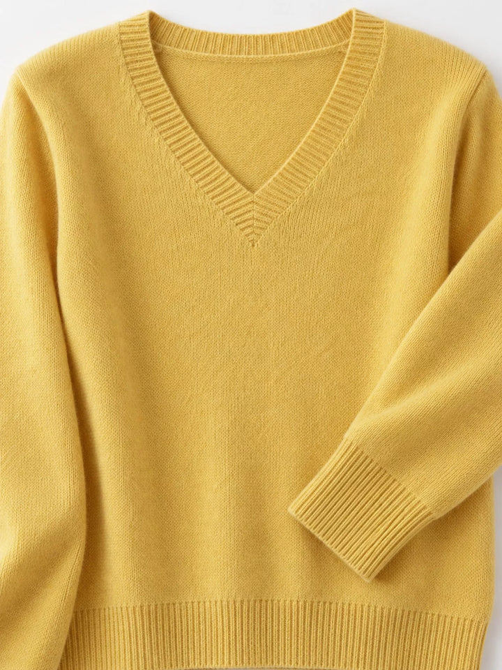 Close-up details of the yellow sweater neckline, ribbed cuff and hem