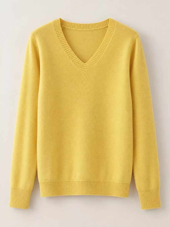 Flat front view of the yellow fine knit long sleeve V neck sweater