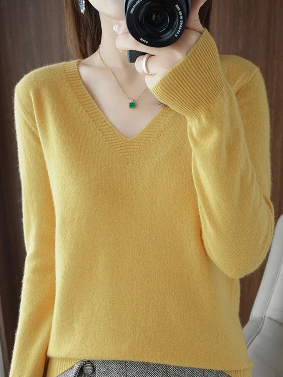 V neck sweater in yellow, on-model front view with long sleeves
