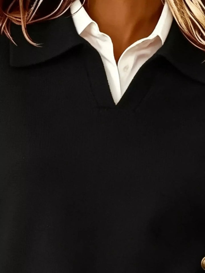 Polo collar gold-tone side buttons in black, close-up detail