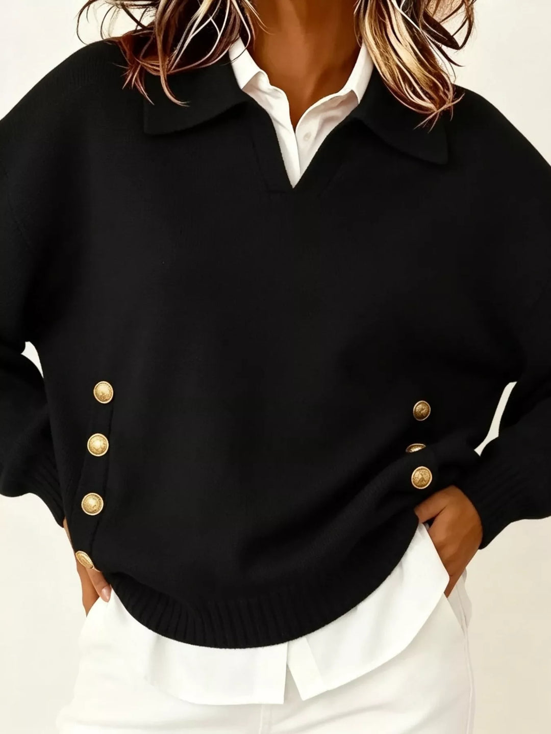 Polo collar gold-tone side buttons in black, front view