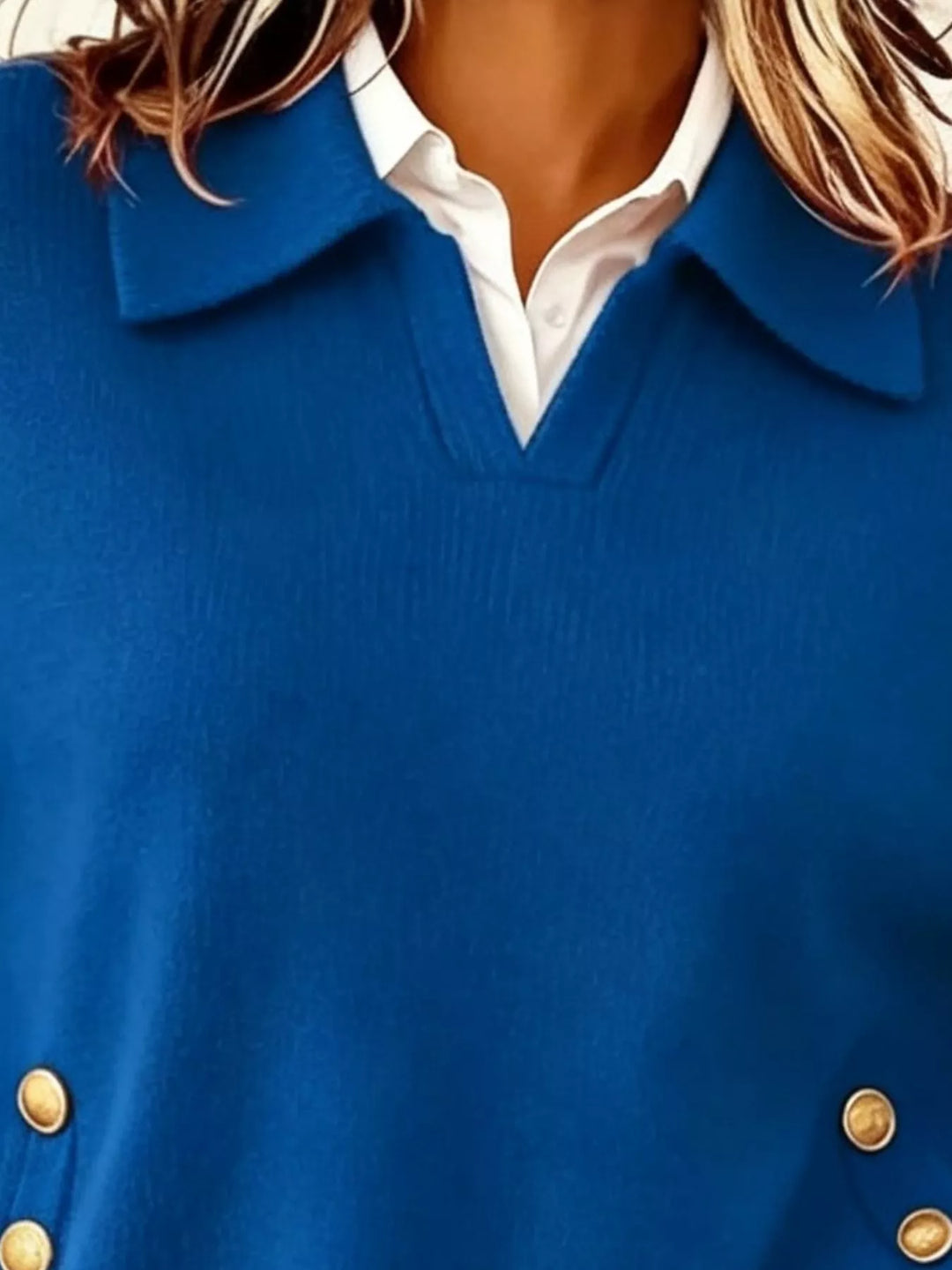 Polo collar gold-tone side buttons in blue, close-up detail