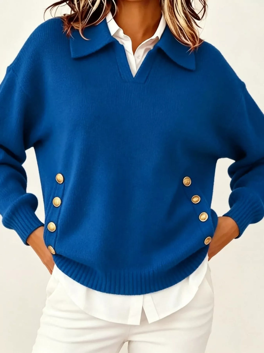 Polo collar gold-tone side buttons in blue, front view