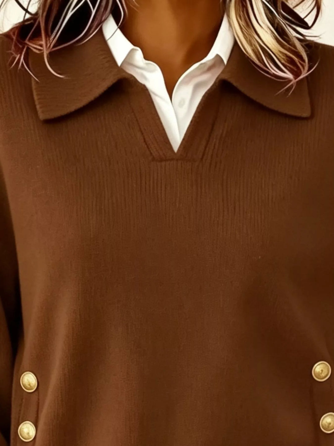 Polo collar gold-tone side buttons in brown, close-up detail