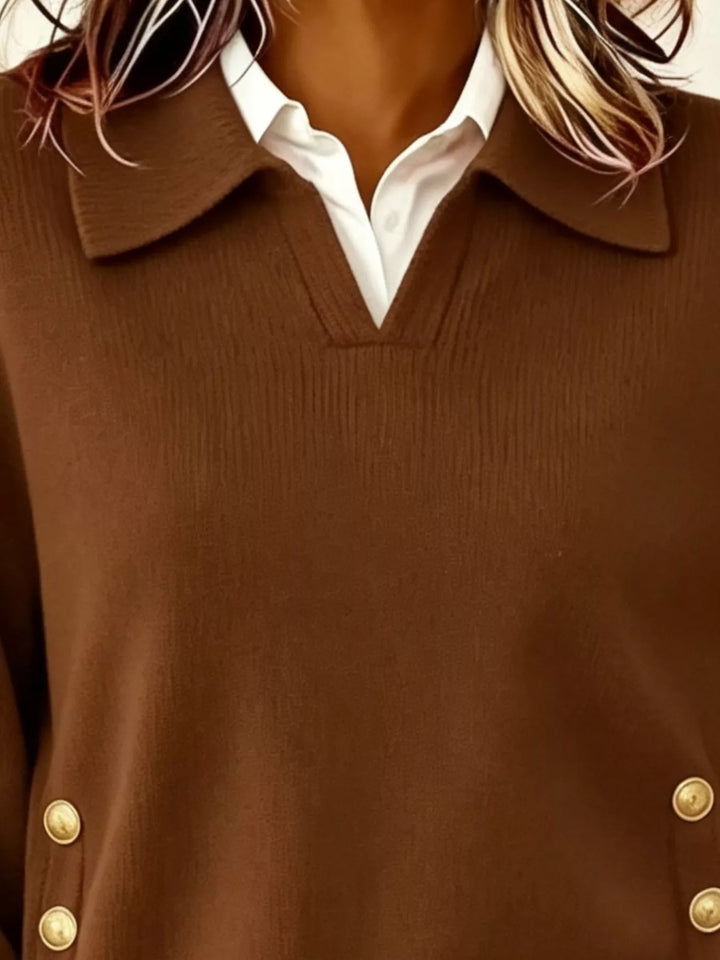Polo collar gold-tone side buttons in brown, close-up detail