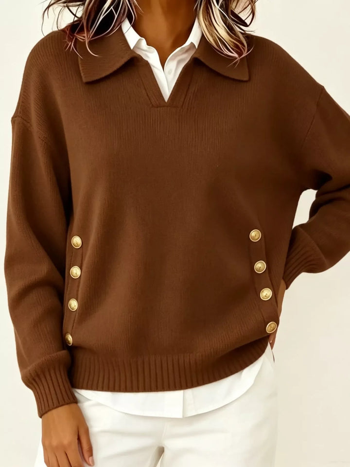 Polo collar gold-tone side buttons in brown, front view