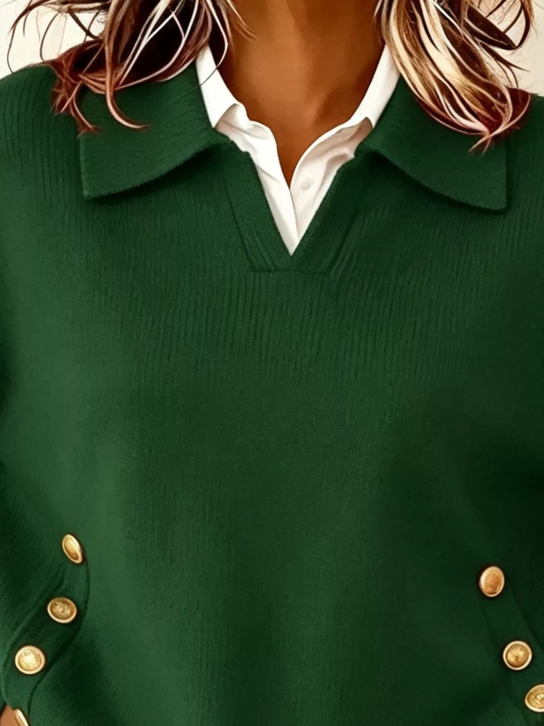 Polo collar gold-tone side buttons in green, close-up detail