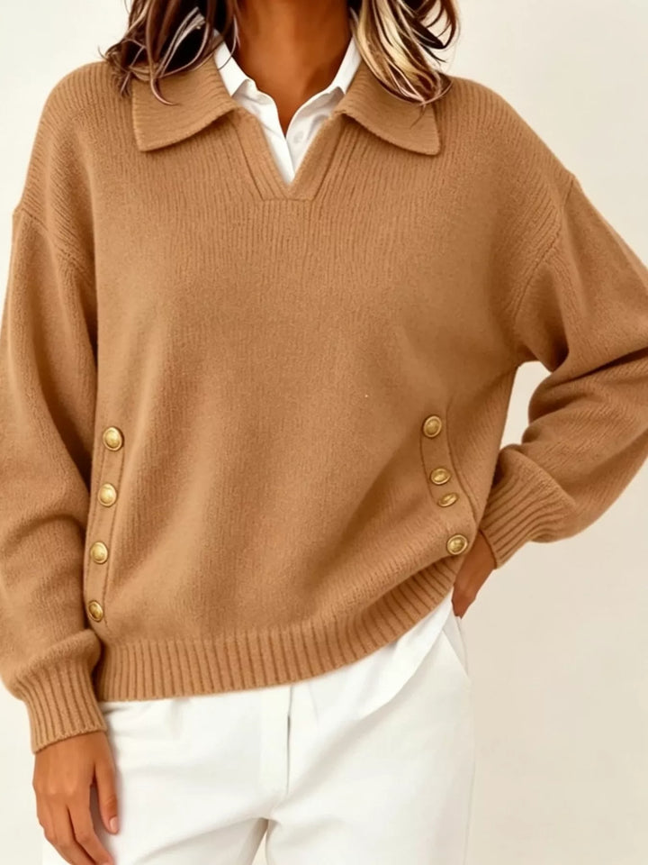 Polo collar gold-tone side buttons in orange-red, front view