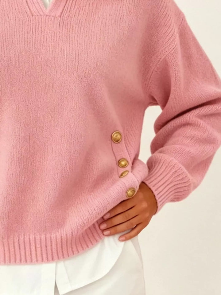 Polo collar gold-tone side buttons in pink, close-up detail 2