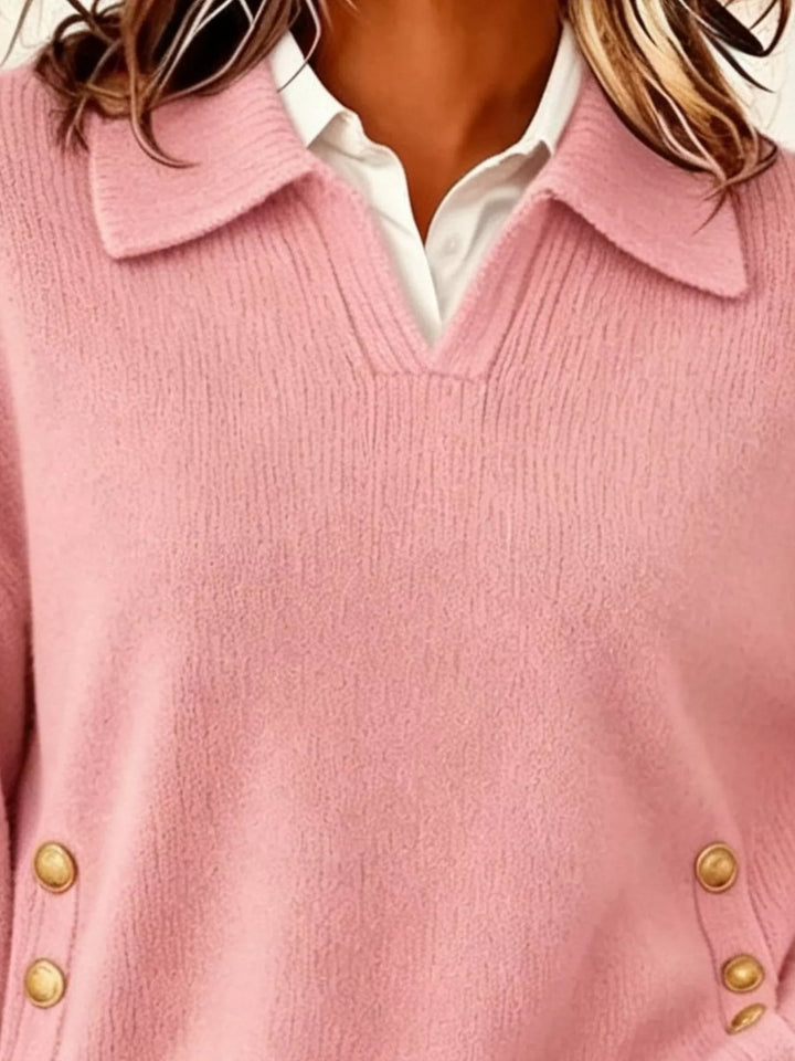 Polo collar gold-tone side buttons in pink, close-up detail