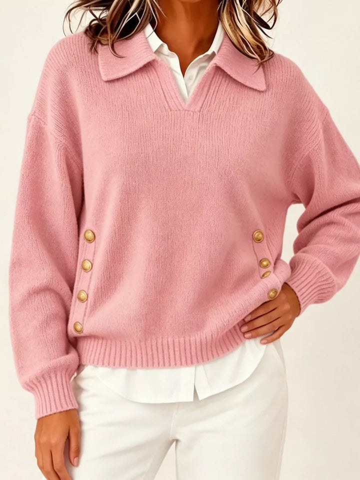 Polo collar gold-tone side buttons in pink, front view