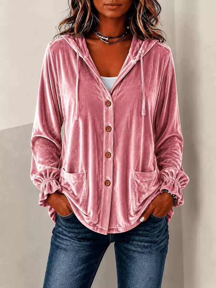 Women's velvet jacket in dusty pink, hooded button front worn open over a white tee