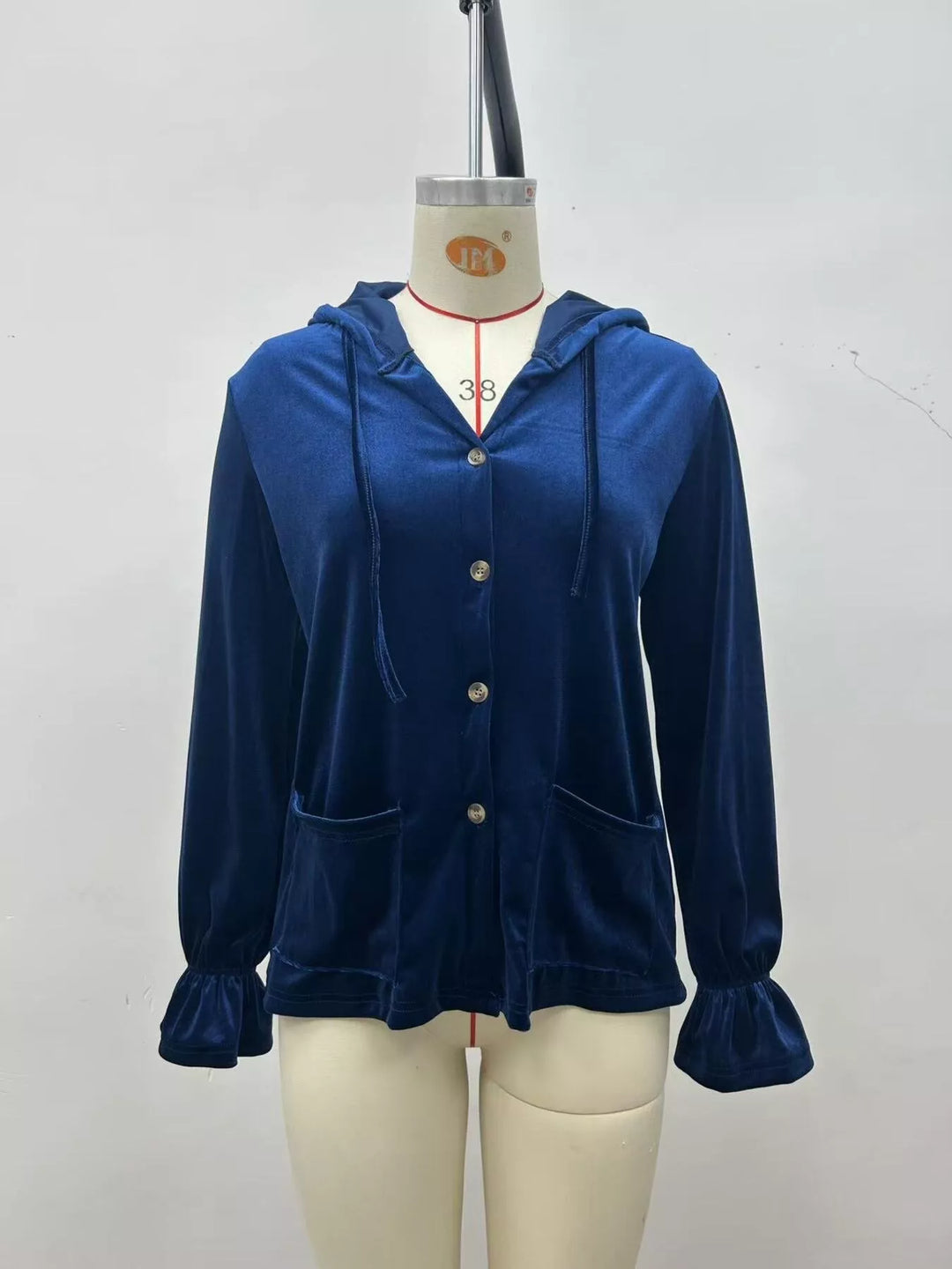 Navy blue hooded velvet jacket front view with buttons and drawstring ties