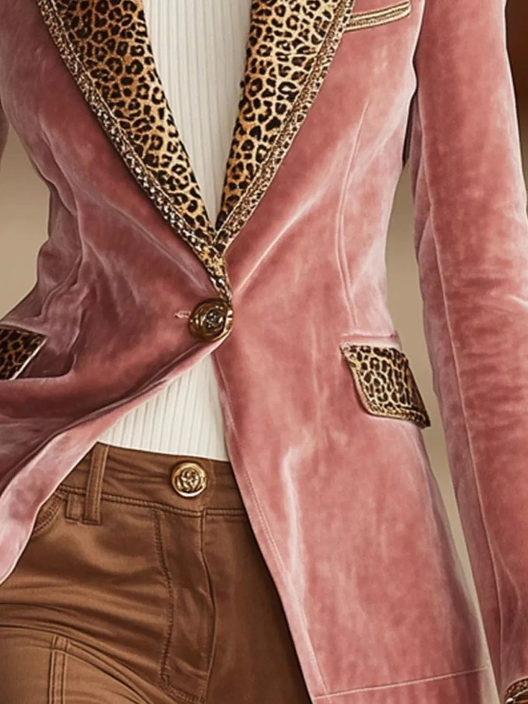 Leopard print lapel one button in pink, close-up detail
