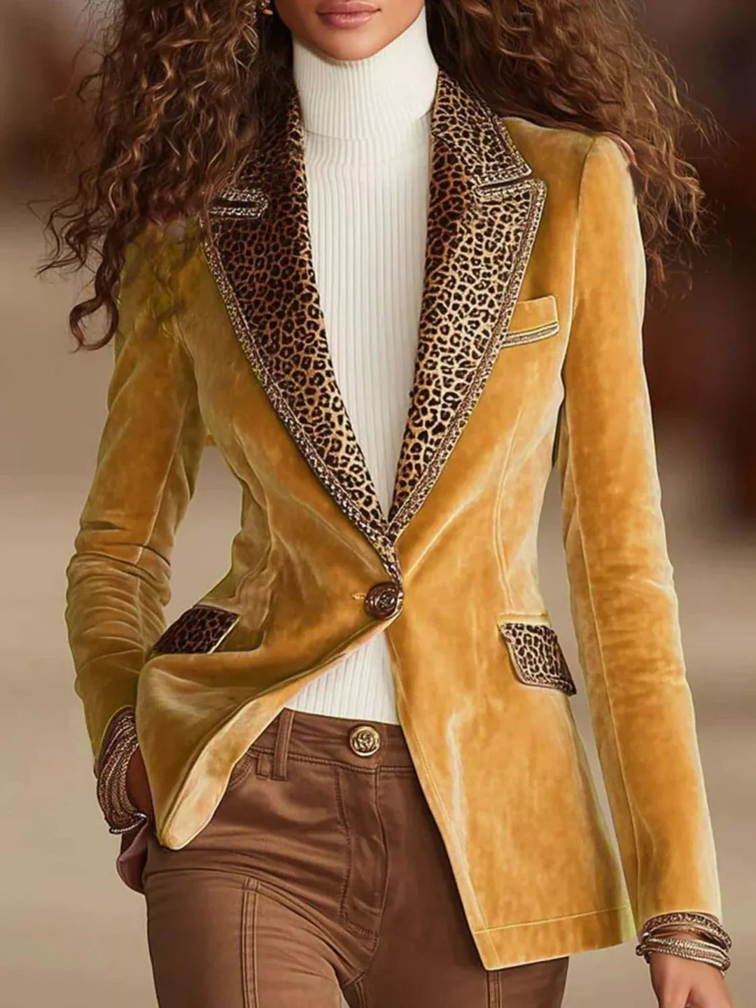 Leopard print lapel one button in yellow, front view
