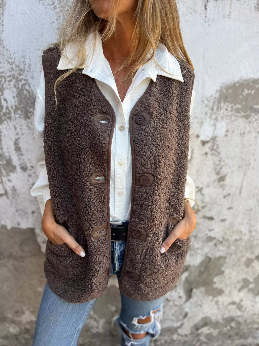 Women's vest in mocha, fluffy textured button front sleeveless, worn over a white shirt