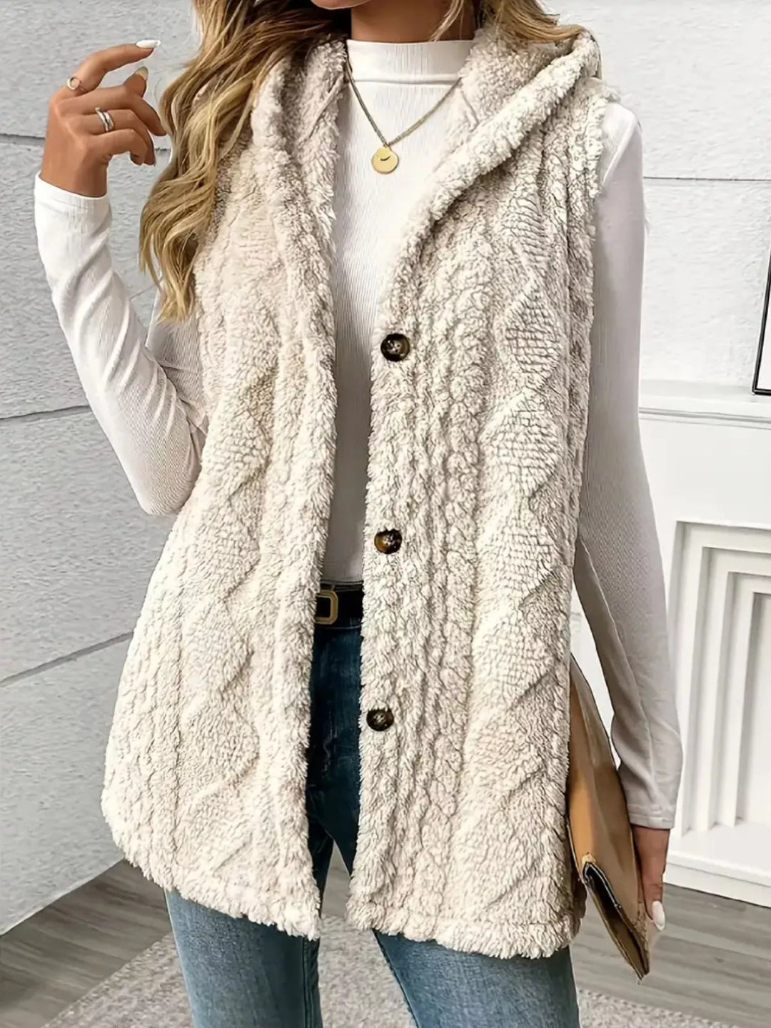 Beige hooded vest styled with jeans and a tan handbag, one hand on the front