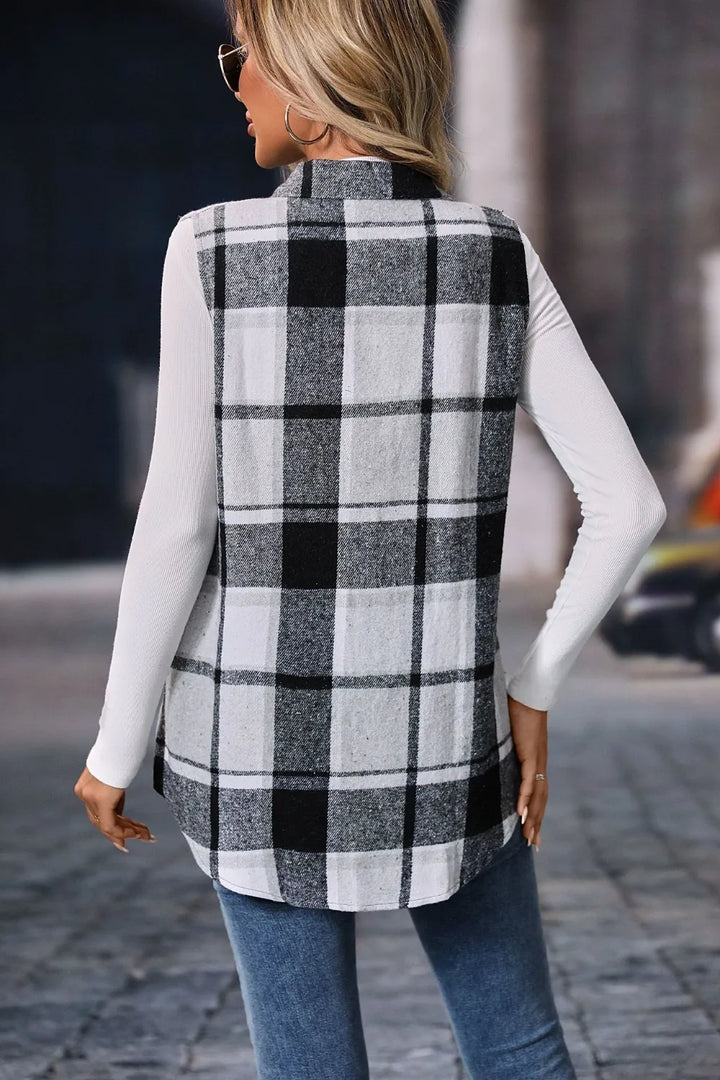 Back view of the black and white plaid longline vest