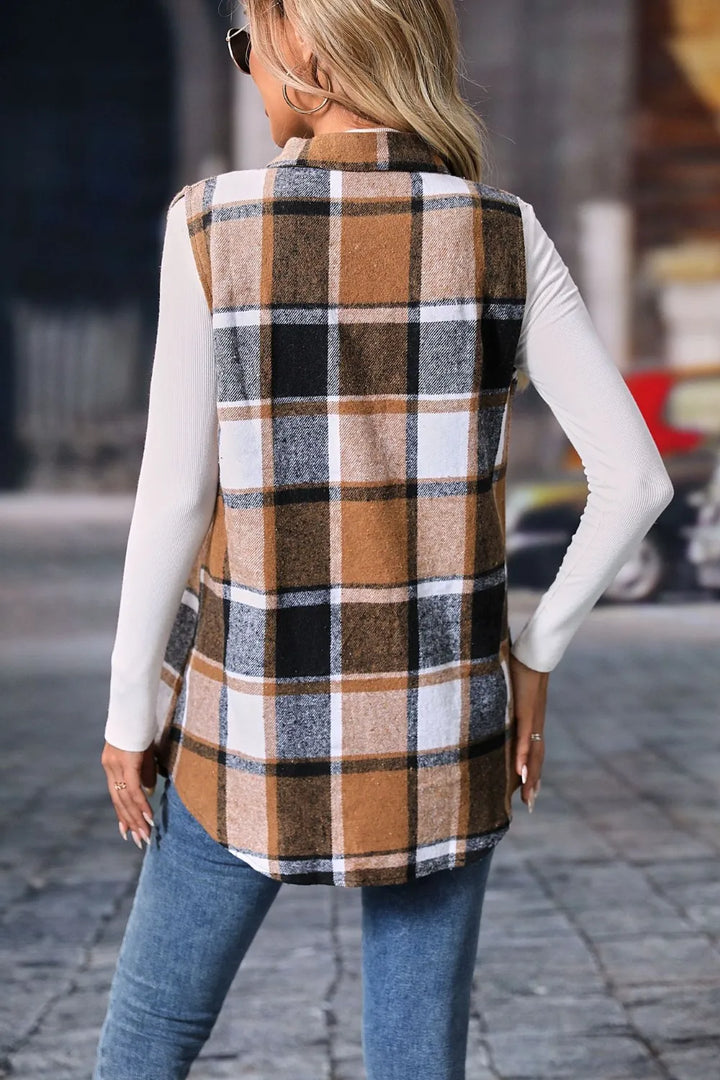 Back view of the camel plaid longline vest