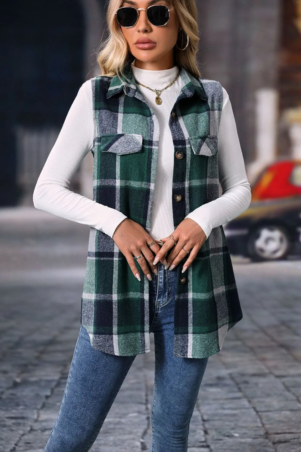 Dark green button up vest with sunglasses, front view