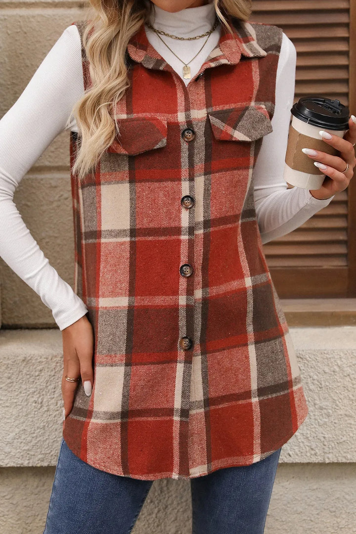 Terracotta plaid button up vest with chest flap pockets and a coffee cup