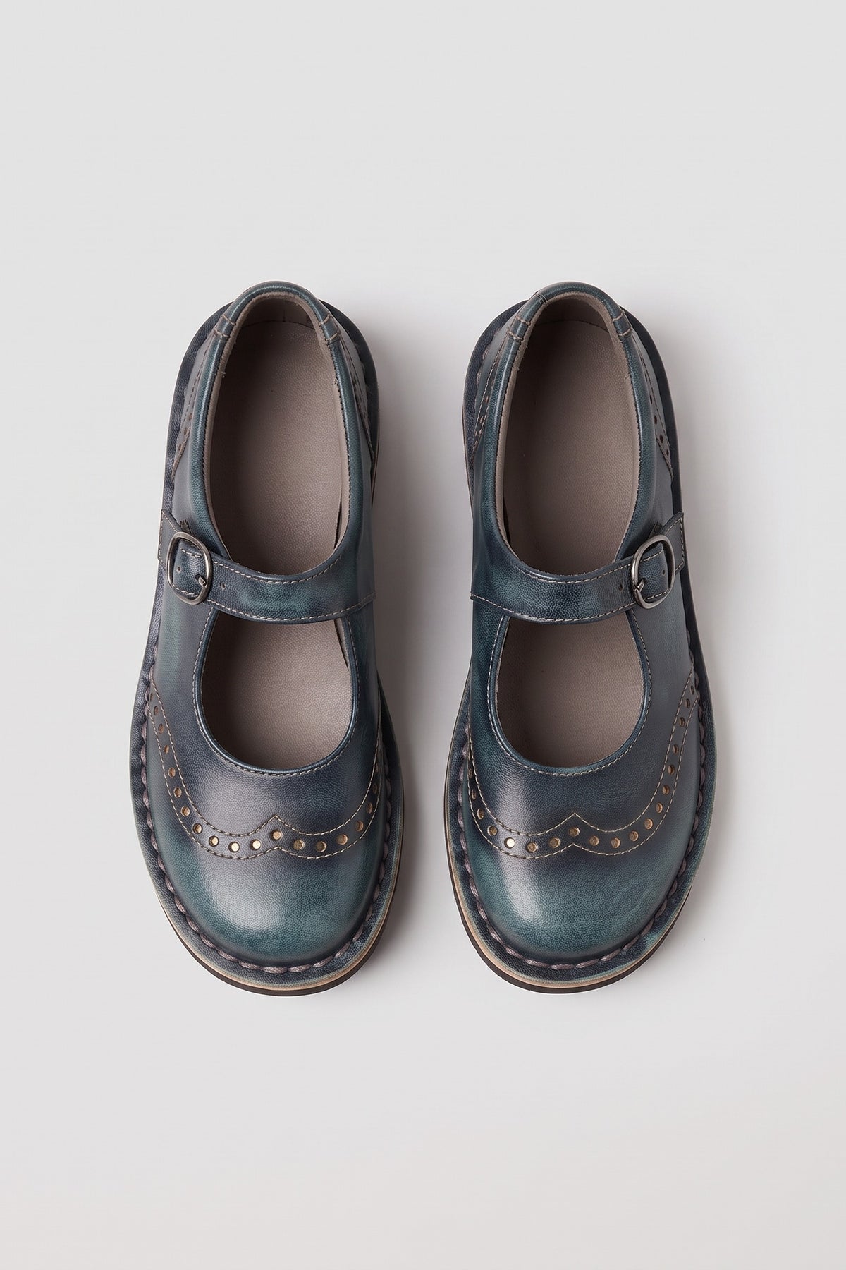 Women's Vintage Mary Jane Shoes | Brogue — Dark Blue — shoe_top — on model