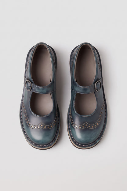 Women's Vintage Mary Jane Shoes | Brogue — Dark Blue — shoe_top — on model