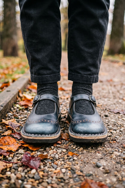 Women's Vintage Mary Jane Shoes | Brogue — Dark Blue — shoe_worn — on model