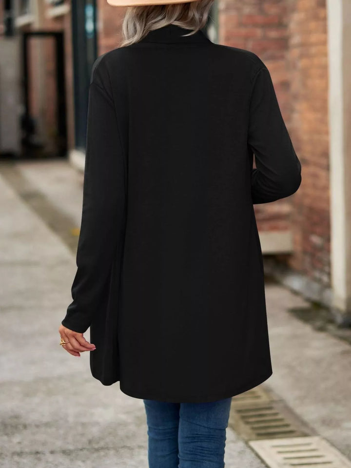 Back view of the black long cardigan with rounded hem