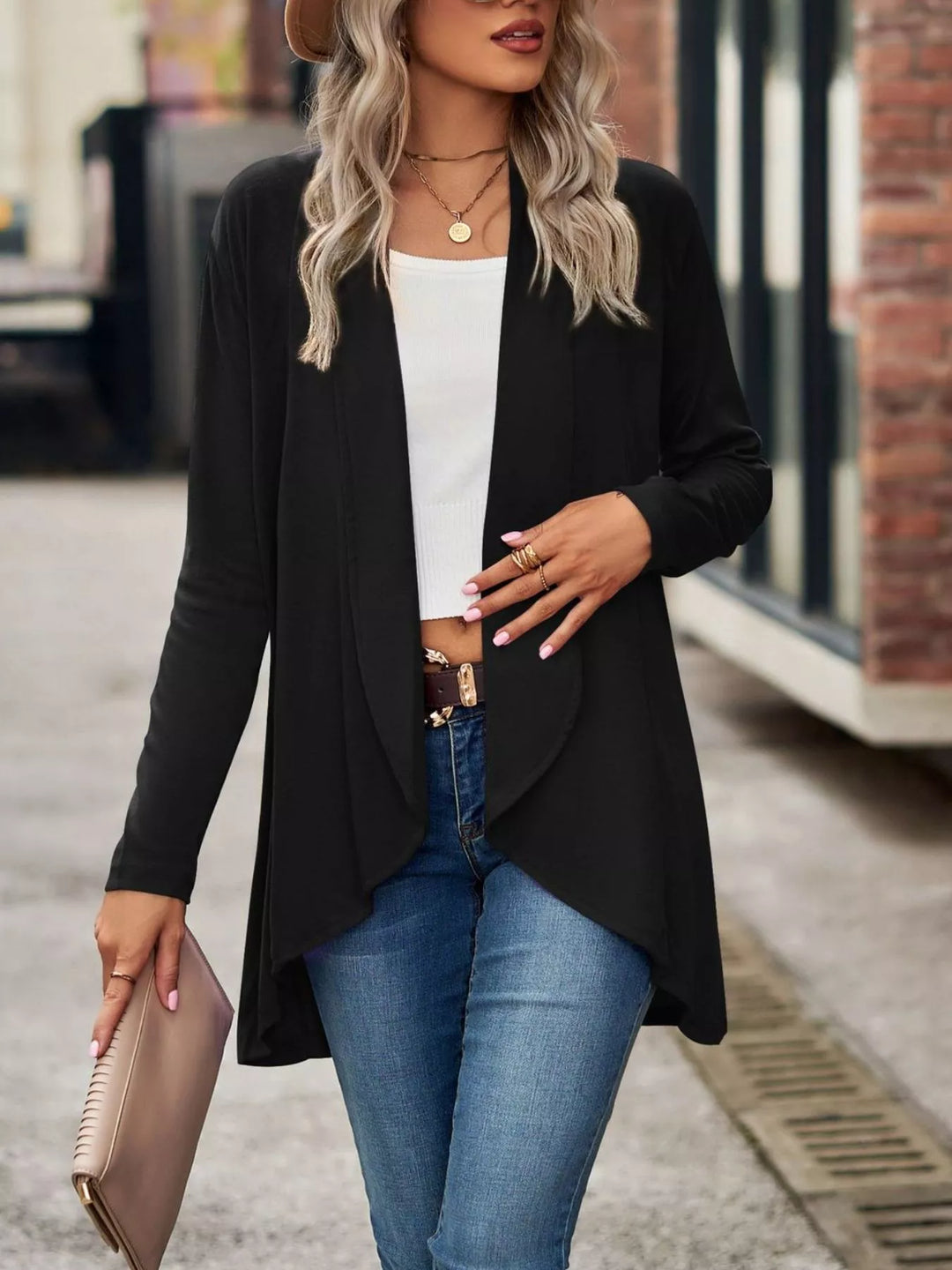 Black waterfall cardigan with open front, styled with white tank and jeans