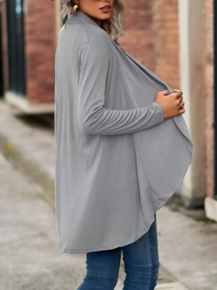 Side view of the light gray waterfall cardigan with soft draped front