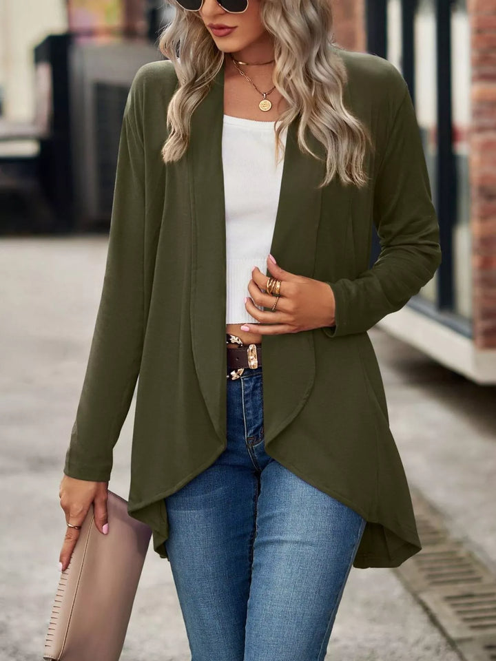 Olive green waterfall cardigan with open front, styled with white tank and jeans