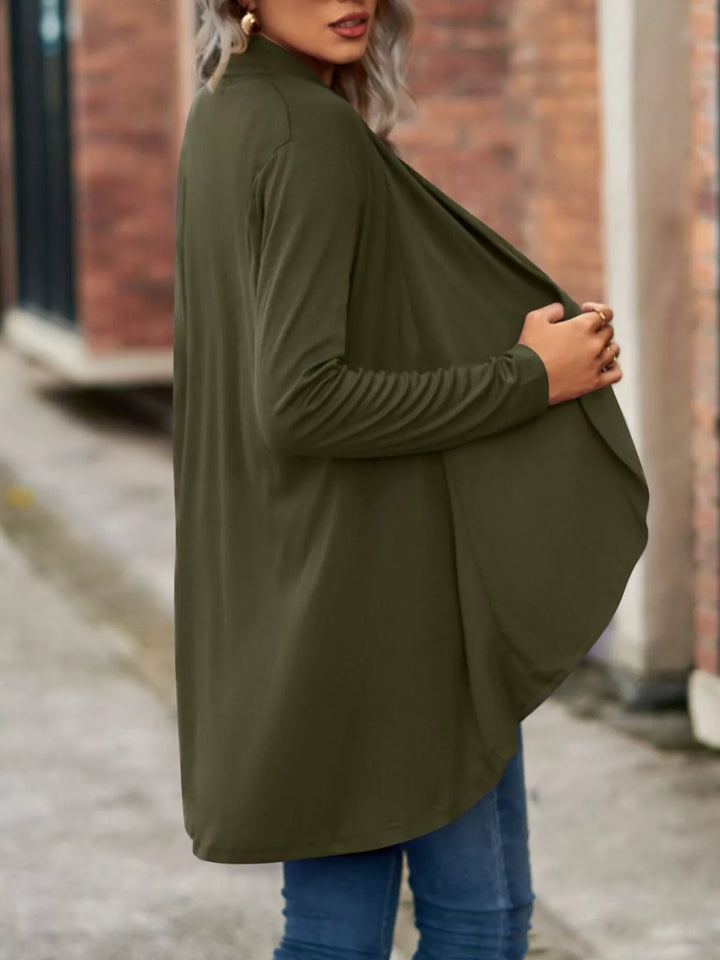 Side view of the olive green waterfall cardigan draping at the front