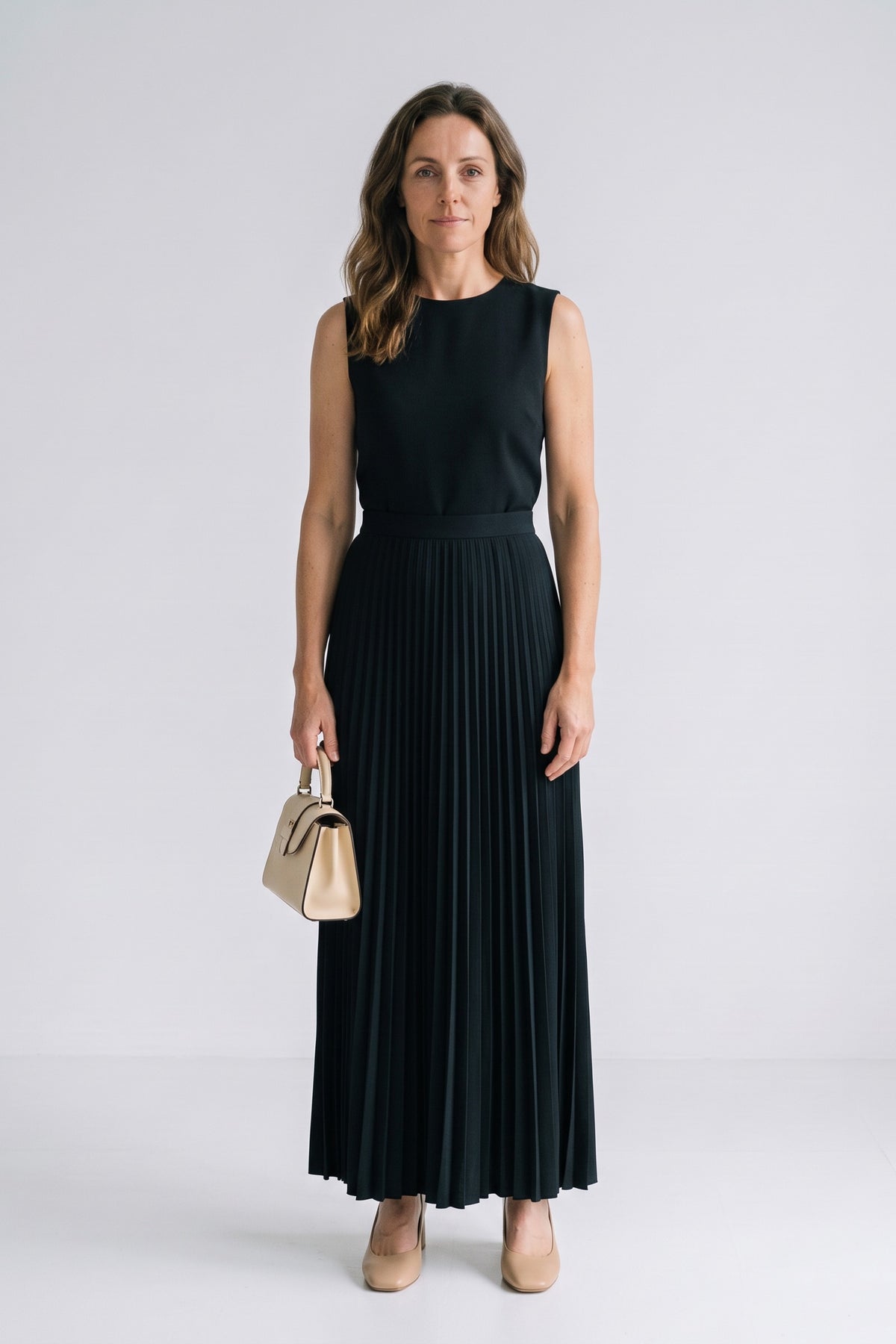 Women's Wedding Guest Two Piece Skirt Set | Pleated Maxi and Top — Black — front view — on model