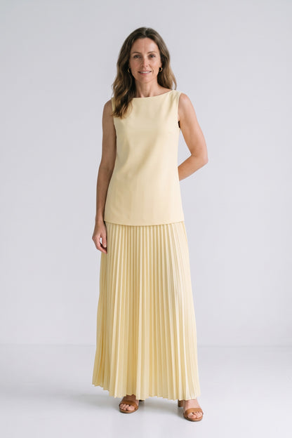 Women's Wedding Guest Two Piece Skirt Set | Pleated Maxi and Top — Butter Yellow — front view — on model