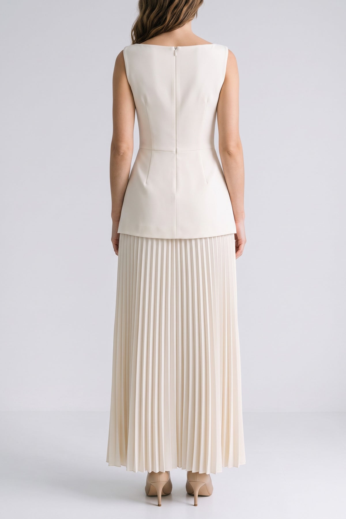 Women's Wedding Guest Two Piece Skirt Set | Pleated Maxi and Top — Ivory — back view — on model