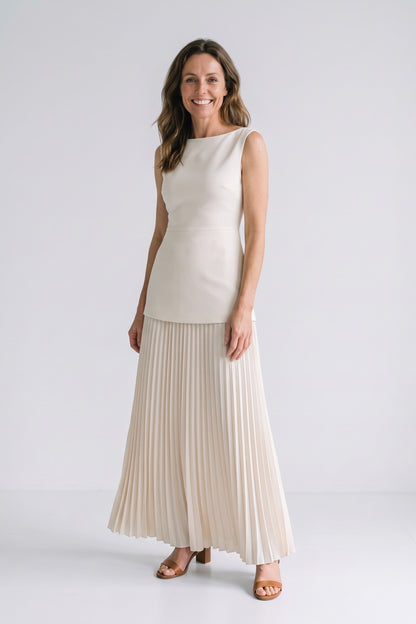 Women's Wedding Guest Two Piece Skirt Set | Pleated Maxi and Top — Ivory — front view — on model