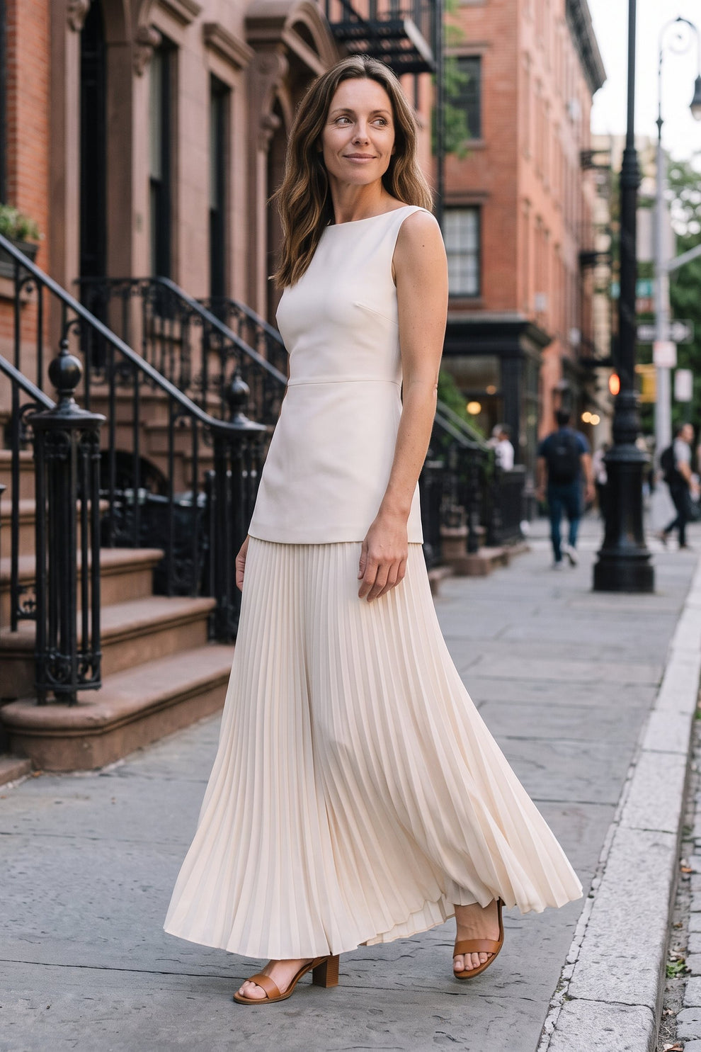 Women's Wedding Guest Two Piece Skirt Set | Pleated Maxi and Top — Ivory — lifestyle — on model