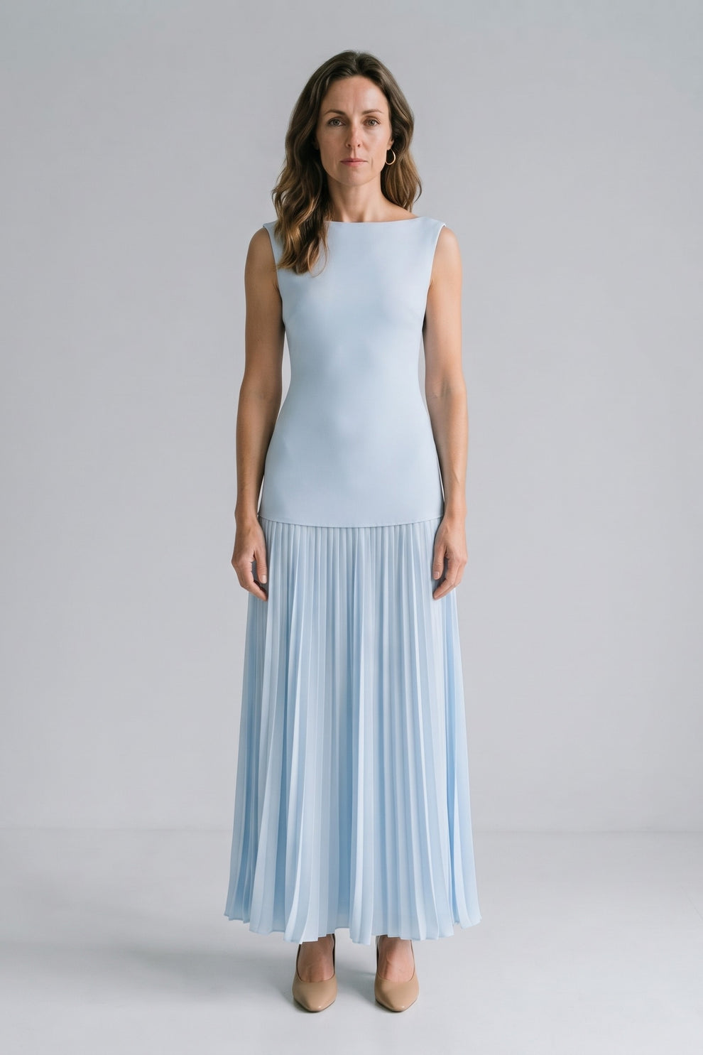 Women's Wedding Guest Two Piece Skirt Set | Pleated Maxi and Top — Light Blue — front view — on model