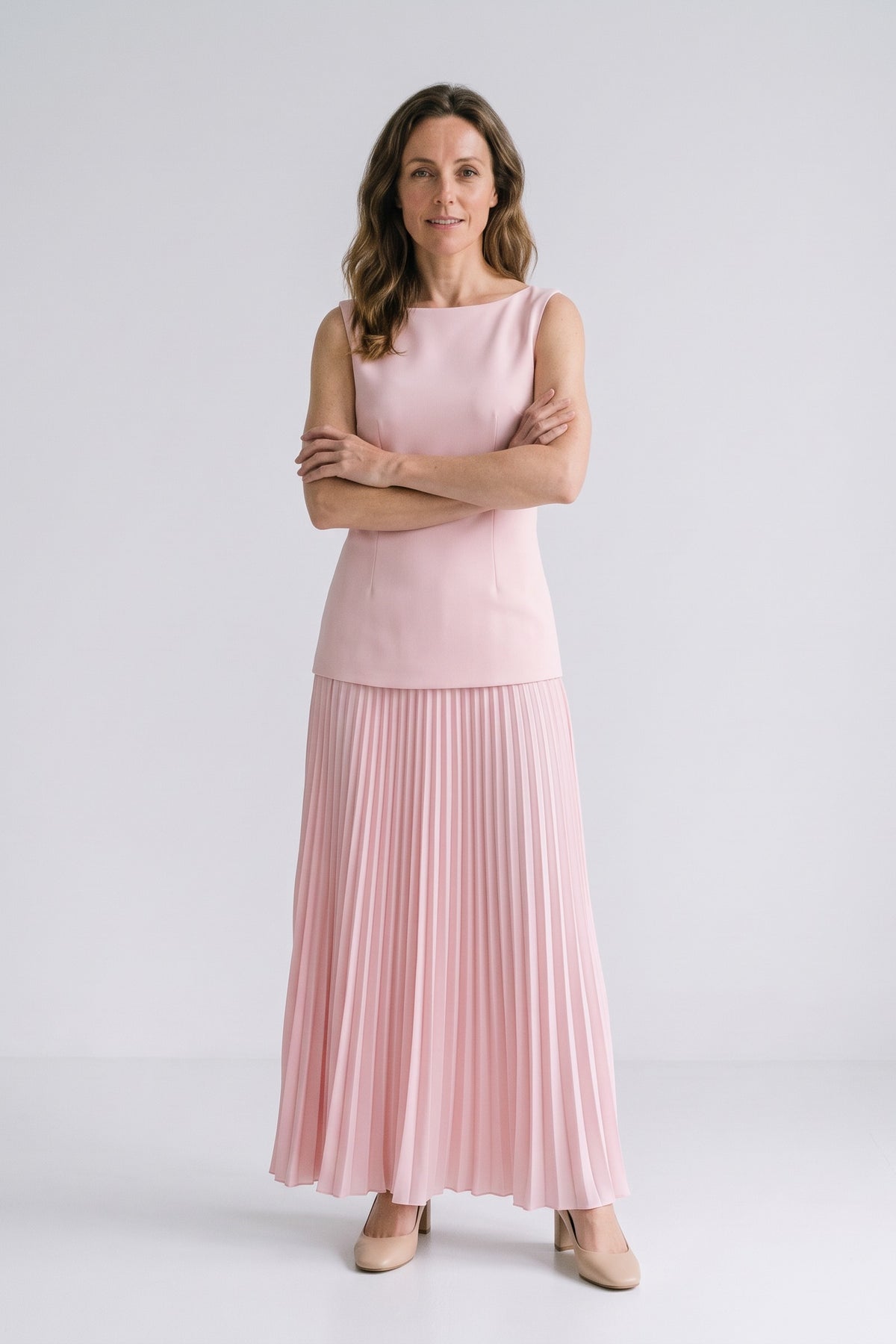 Women's Wedding Guest Two Piece Skirt Set | Pleated Maxi and Top — Pink — front view — on model
