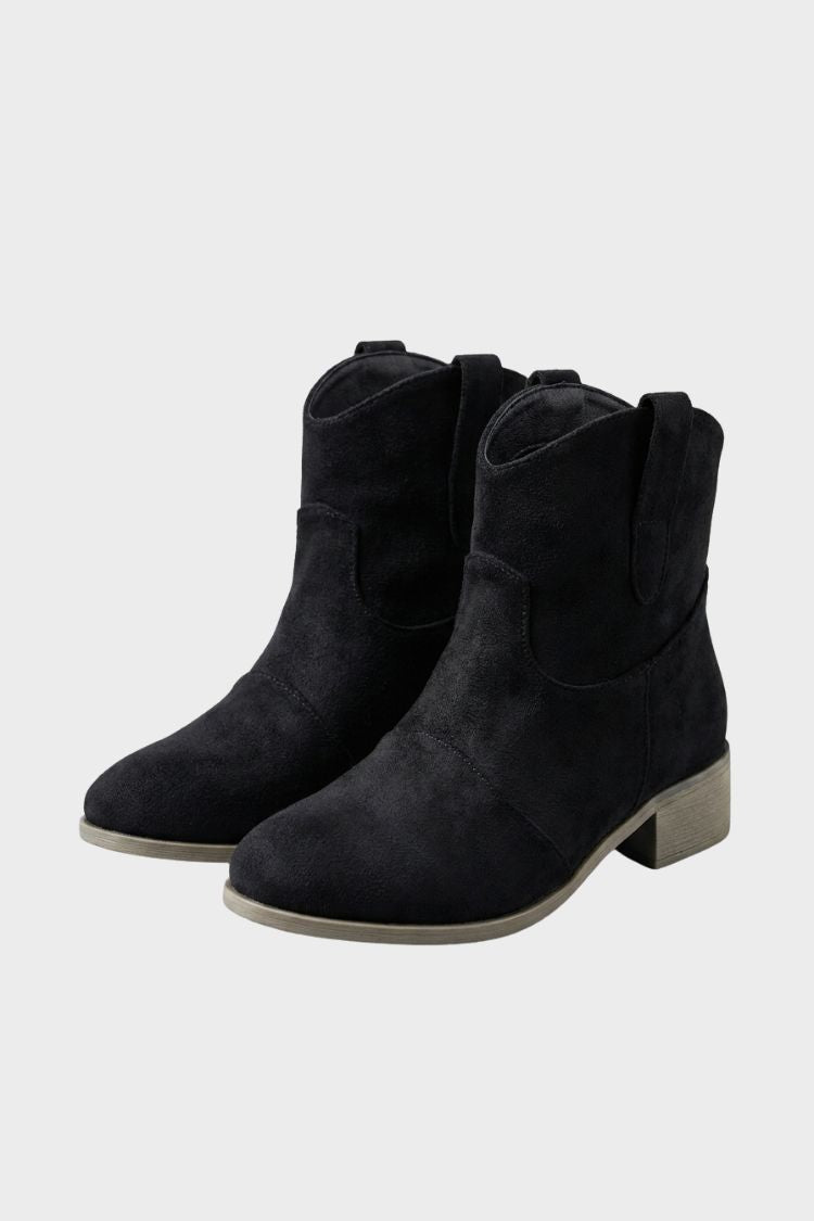 Women's black western ankle boots with pull tabs and block heel