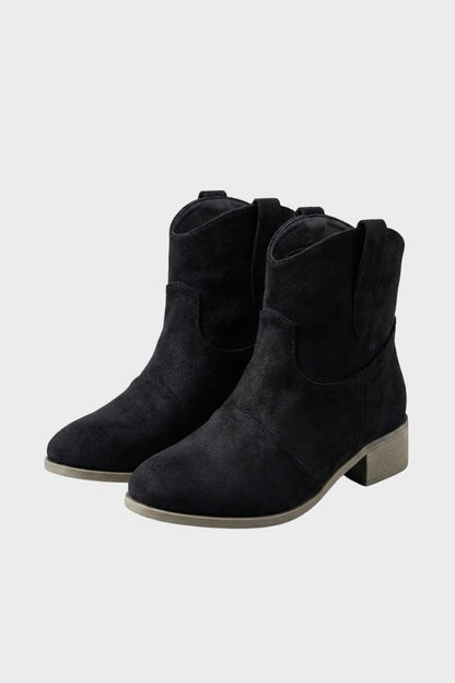 Women's black western ankle boots with pull tabs and block heel