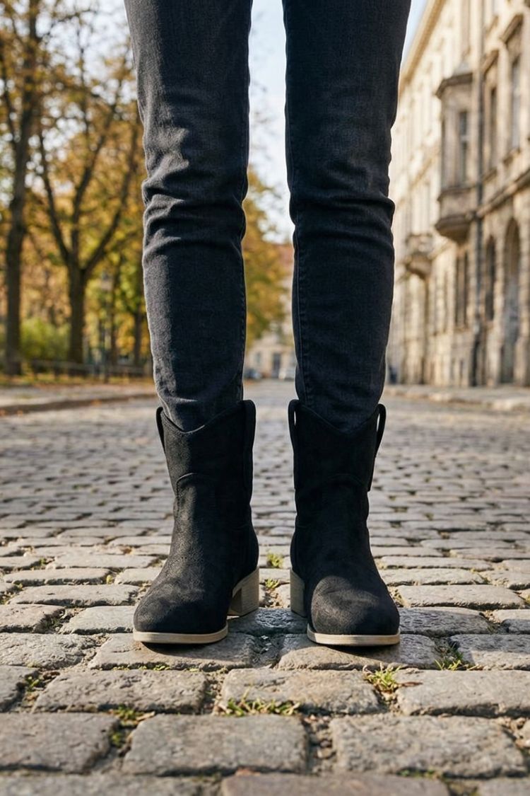 Black cowgirl booties worn with skinny jeans on cobblestones
