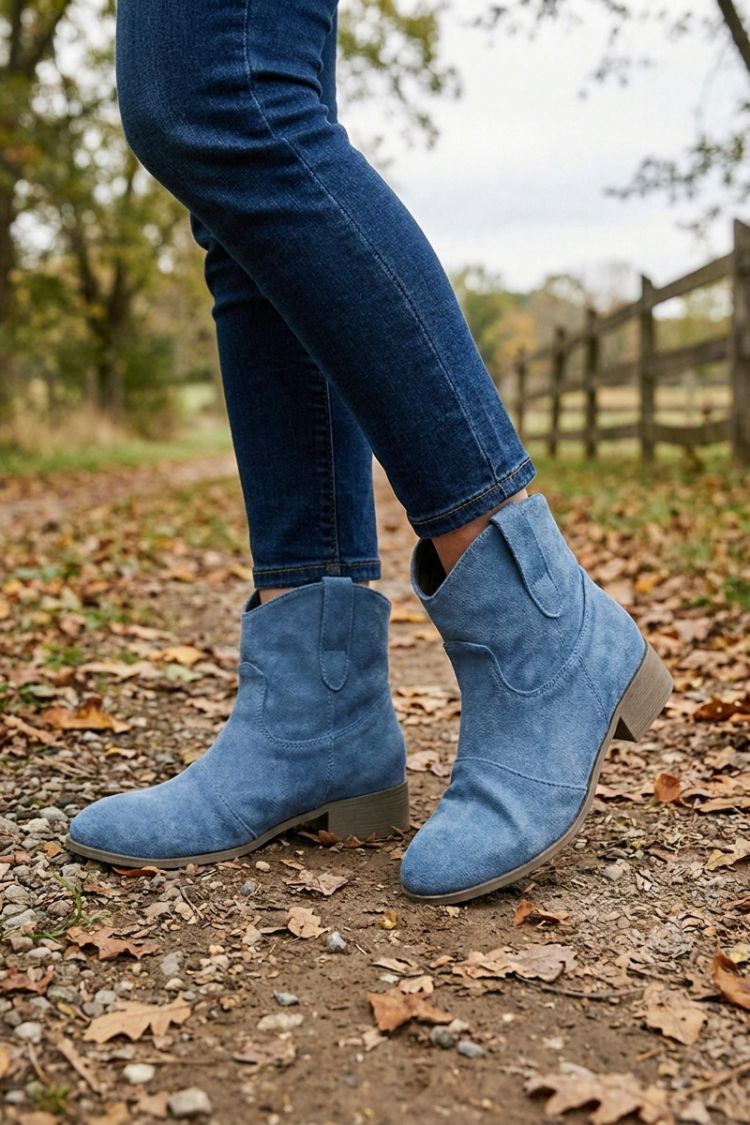 Blue western ankle boots worn with jeans on a country path