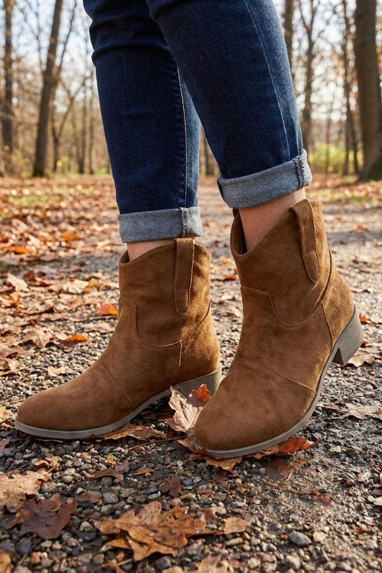 Tan western ankle boots worn with cuffed jeans in autumn leaves