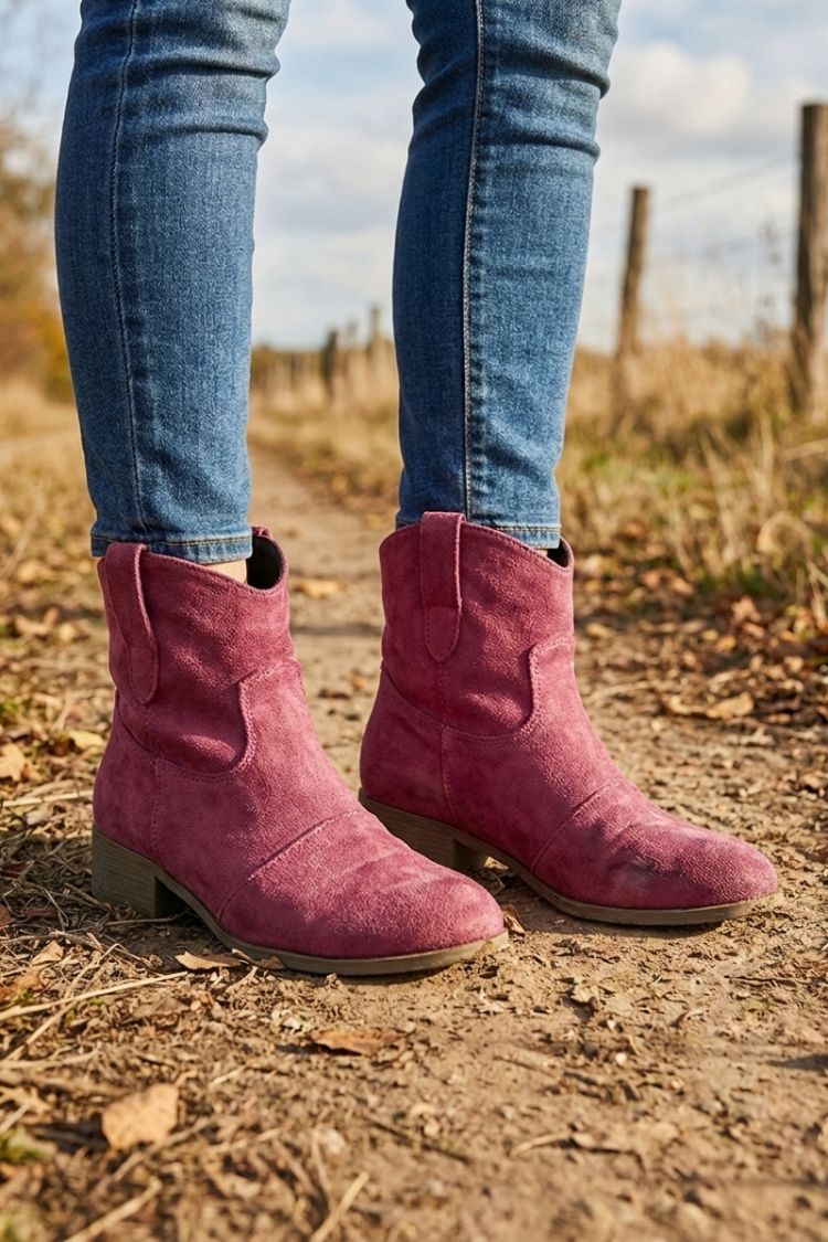Burgundy cowgirl booties worn with jeans in a field